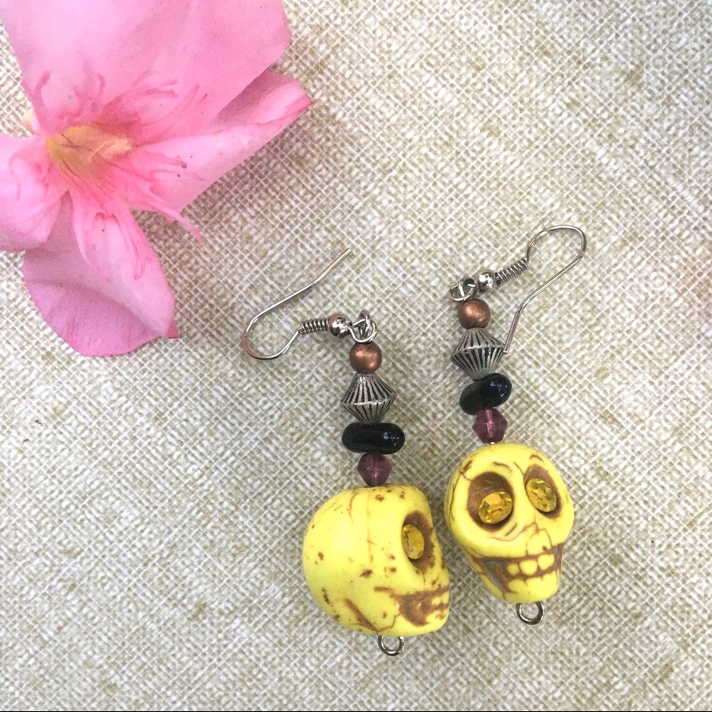 Yellow skull earrings Day of the Dead Dia de los Muertos Halloween skeleton